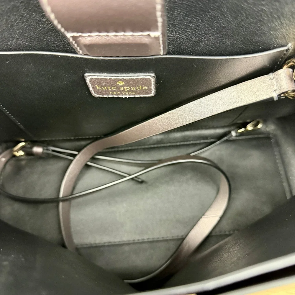 Kate Spade Metallic Pewter Leather Tote Bag Triple Compartment Handbag Gunmetal